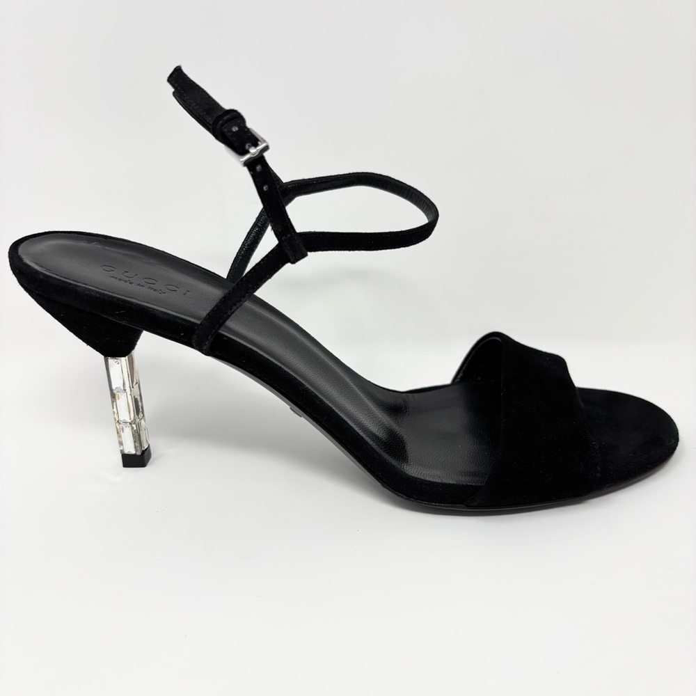 Gucci Black Suede Crystal-Heel Sandals Adlena Size EU 38.5 / US 8.5 - Picture 6 of 16